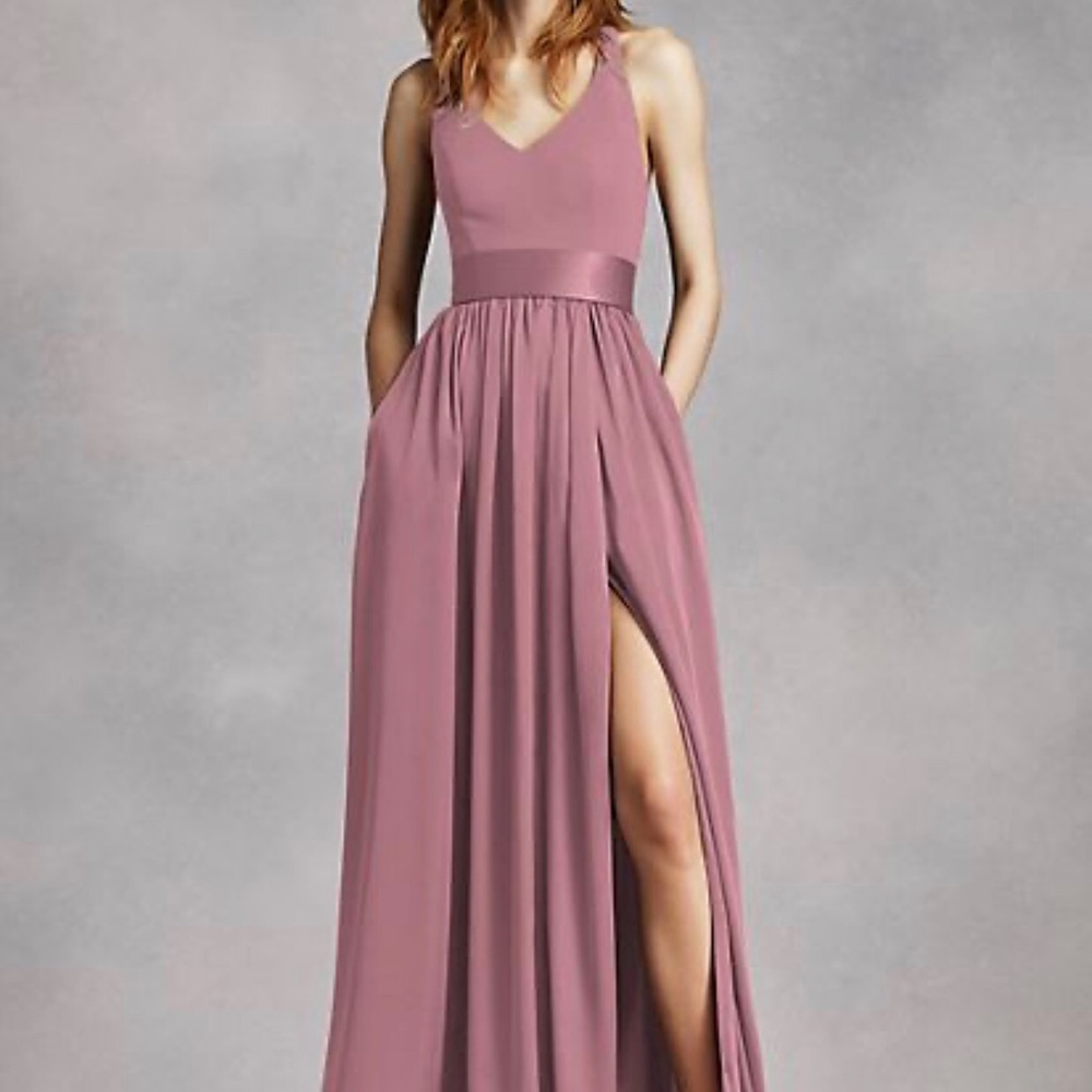 Vera wang v neck halter gown with sash
